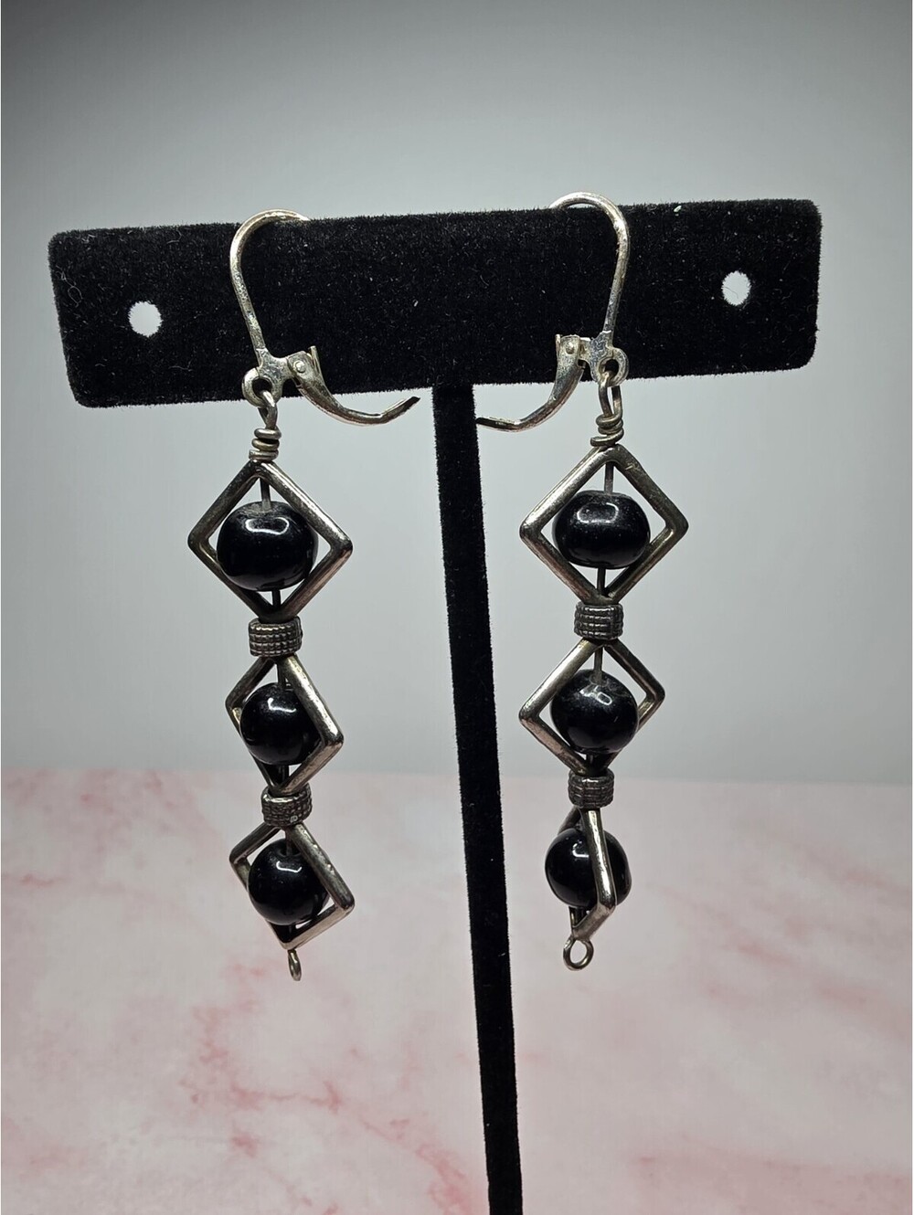 Vintage Silver Tone Black Beads Geometric Diamond Wire Frame Dangle Earrings
